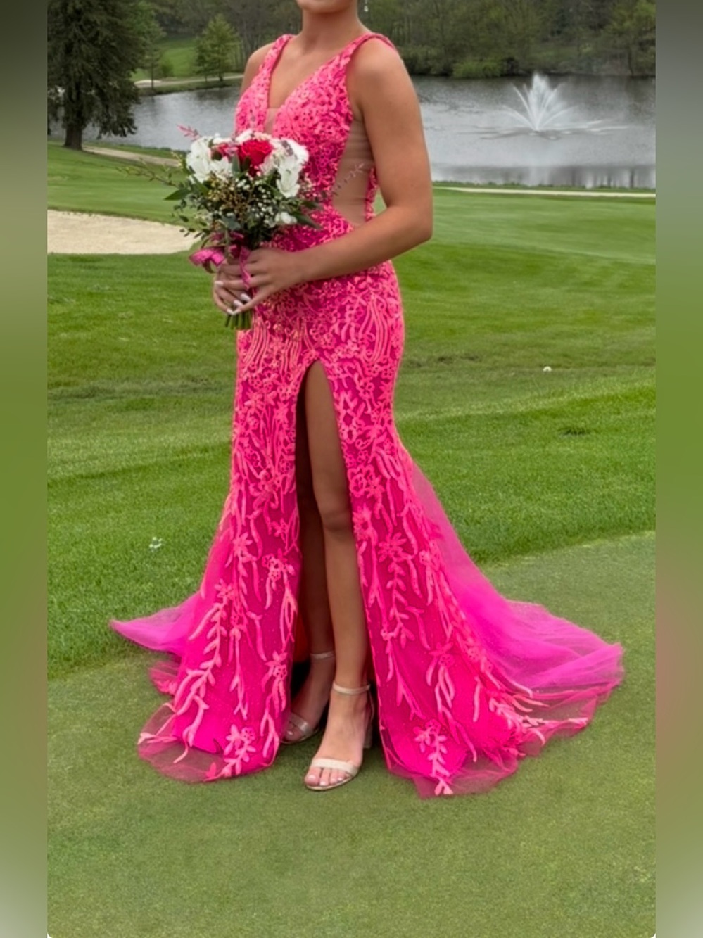 Beautiful Amarra long pink prom lace dress with Front Slit